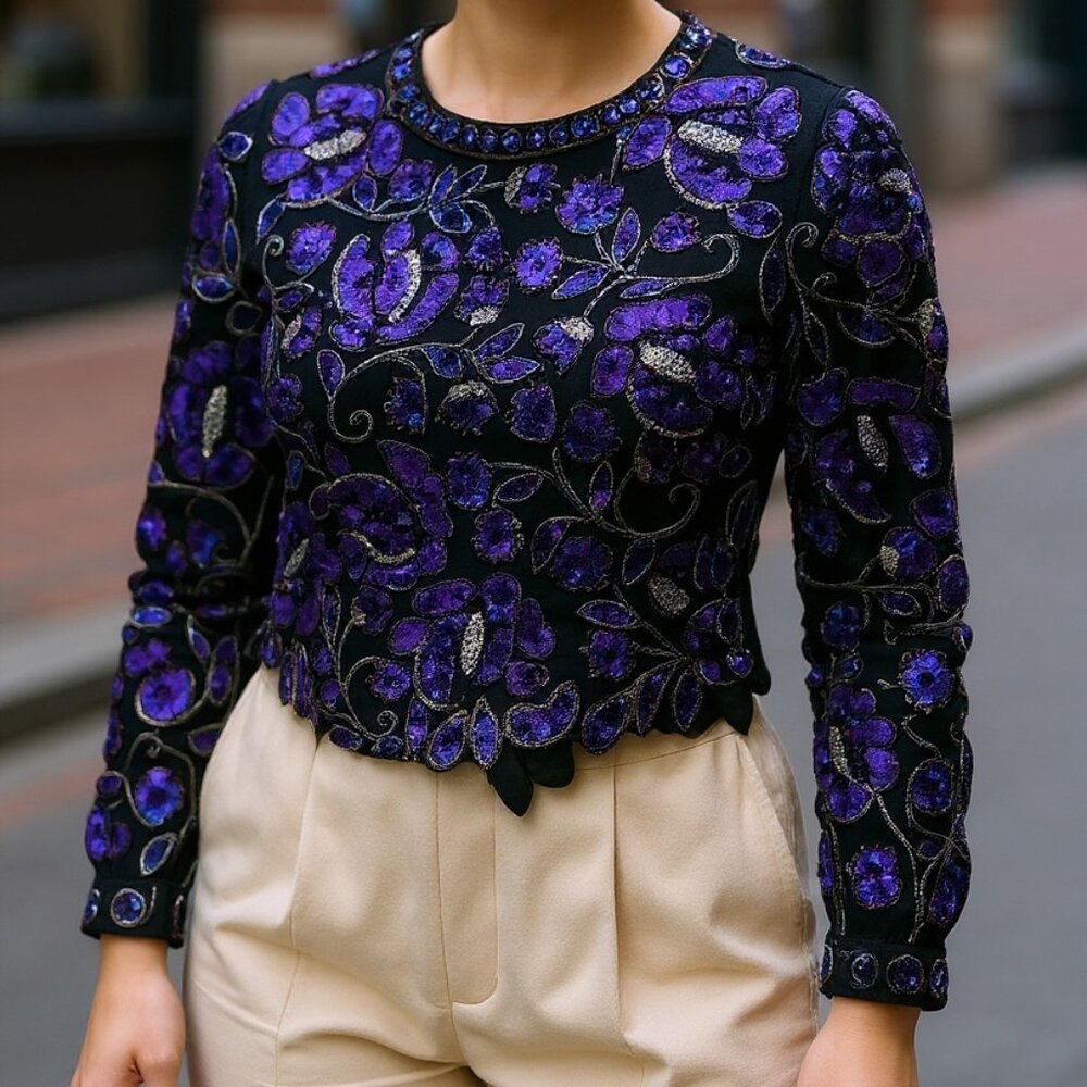 Lawrence Kazar Silk Floral Sequins Beaded Long Sleeve Blouse GORGEOUS! W-L